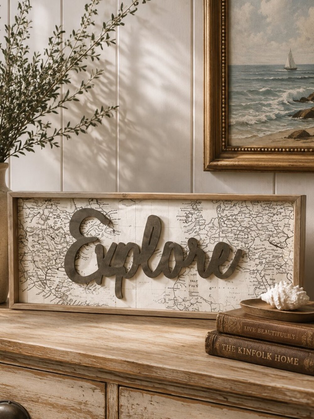Vintage Framed "Explore" Artwork Wit Map Background Dark 3D Scripted Lettering - Picture 3 of 8